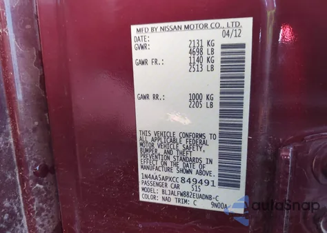 2012 Nissan Maxima 3.5 Sv z USA, uszkodzony, nr VIN 1N4AA5APXCC849491